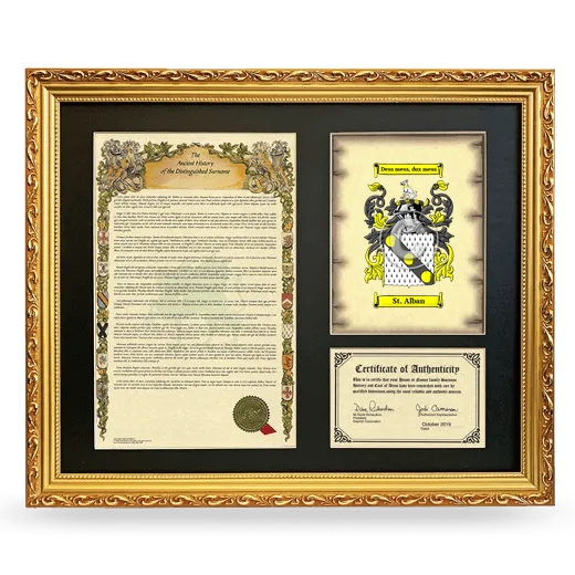 St. Alban Framed Surname History and Coat of Arms- Gold